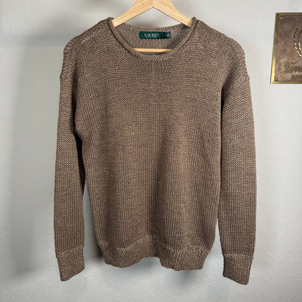 Lauren Ralph Lauren Womens Bronze Gold Metallic Knit Crew Neck Sweater SP - Picture 2 of 9